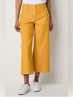 Liz Claiborne Pants Sz 8 Mustard Yellow Wide Leg Sailor Buttons Nautical Stretch